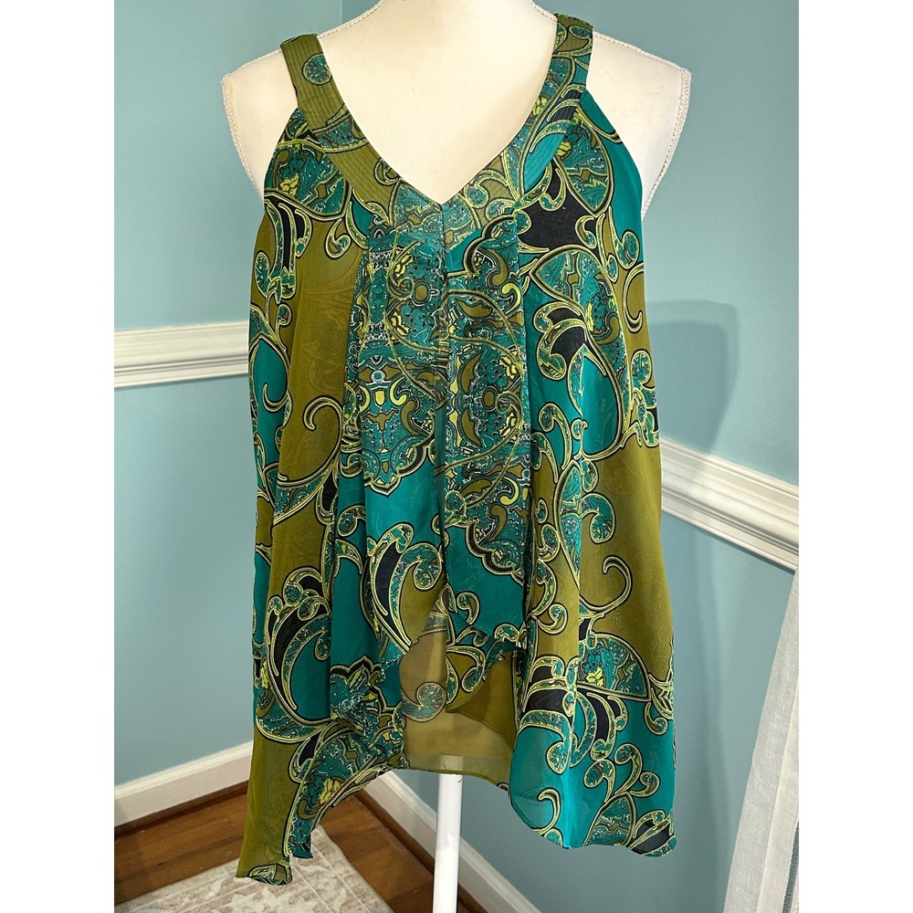 Apt. 9 Womens Teal Olive Green Paisley Sleeveless V-Neck Draped Blouse Large